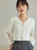 Han Queen New Arrival Autumn V-Neck Shirt Womens Blouses Vintage Work Casual Tops Chiffon Blouse Elegant Loose Shirts Female-Outfit