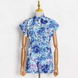 Casual Print Floral Playsuit For Women Lapel Short Sleeve High Waist Loose Playsuits Female 2021 Summer Fashion