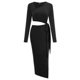 Toloer Women's 2024 Casual Autumn And Winter Style Asymmetrical Neckline Waist Hollow Tie Dress-Outfit