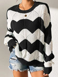 Yang Autumn New Fur Women's Loose Round Collar Hit The Striped Long-Sleeved Knitted Shirt