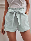 2025 Summer Women's Loose Flax Leisure Shorts Pocket Solid Colored High-Rise Broad