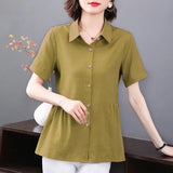 Women's Clothing Short Sleeve Shirt New Summer Loose Solid Color Blouse Lapel Button Shirring Fashion Elegant Office Lady Tops-Outfit