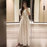 Toloer Chic Niche Temperament V Neck Hollow Lace Embroidered Jacket Women High Waist Pressure Pleated Skirt Two Sets Of Women-Outfit