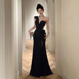 Elegant Dresses Women Sexy Diagonal Collar Irregular Off Shoulder Ruffles Backless Slim Split Mermaid Dress Party Ladies-Outfit