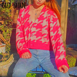 Bold Shade Houndstooth Button Oversized Cardigans 2000s Aesthetic Knitted Long Sleeve Indie Sweaters Women Vintage Fashion