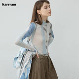 Vintage Designer Clothes Graphic Print Mesh Tops Turtleneck England Style Elegant Long Sleeve T-shirt Sheer Tops