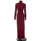 Turtleneck Long Sleeve Draped Slit Maxi Dress-Outfit