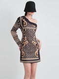 Toloer Spring Wear New Printing Heavy Industry Nail Bead Single Shoulder A Line Skirt Retro Style Small Long-Sleeved Dress-Outfit