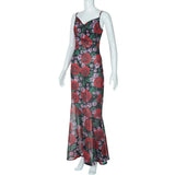 Flower Print Mesh Slip Maxi Dress-Outfit