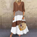 Summer V-Neck Short Sleeve Print Long Dress Button-Outfit
