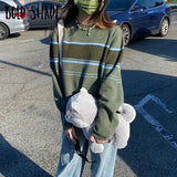 Bold Shade Grunge 90s Tricot Sweater Striped O-neck Indie Aesthetic Women Pullover Sweaters Oversized Vintage Green Top
