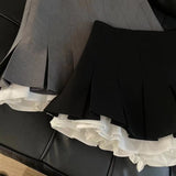 Patchwork Pleated Skirts Women Summer Japanese Preppy Ruffles Mini Skirts Y2K High Waist Kawaii All Match A Line Skirts-Outfit