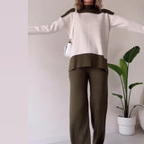 Autumn New Fashion Splicing Color Blouse Loose Wide Leg Trousers Set