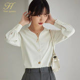 Han Queen New Arrival Autumn V-Neck Shirt Womens Blouses Vintage Work Casual Tops Chiffon Blouse Elegant Loose Shirts Female-Outfit
