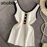 Women's Patched O-neck Tank Tops Female Bodycon Knitted Buttons Simple Stretchy Camisole Sleeveless Tee shirts