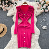 Women Ruffles Knitted Pencil Dress Korean Long Sleeve V Neck Elastic Slim Dress Autumn Winter Sexy Bodycon Warm Sweater