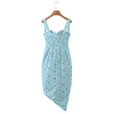 Blue Floral Mini Ruched Slit Bustier Dress-Outfit