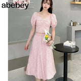 New Summer Fashion V-neck puff sleeve short Shirt Top + high waist pleated waist floral Skirt 2-piece