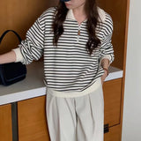 Lapel Sweater Women's Thin Autumn Coat Striped Long-Sleeved Shirt Minority Zipper Polo Shirt Trend In 2023-Outfit