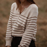Striped Knitted Pullover 2022 Women Autumn Long Sleeve V-neck Cotton Sweater Female Vintage Elegant Chic Oversize Jumper