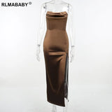 Elegant Women Party Strapless Long Bodycon Dress Summer Slim Backless High Split Night Club Female Mid-Calf Satin