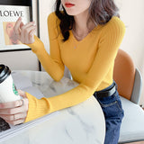 Autumn And Winter New Style Kengtiao Thin Knitted Blouse Woman V-Collar Slim Solid Color Cover Bottom Sweater-Outfit