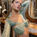Green Sequin Bandage Crop Top-Outfit