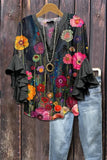 Creative Flower Element 3D Printed Casual Trend V-Necked Lace