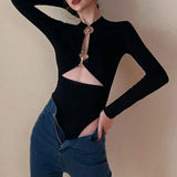 Bodysuit y2k Clothes Bandage Sexy Solid Color Long Sleeve Slim Hollow Out Romper with Metal Ring for Spring Fall 2023-Outfit