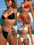 2025 Solid-Color Elastic Rope Butterfly Ornament Bikini Sexy Split Triangle Strap With Swimsuit