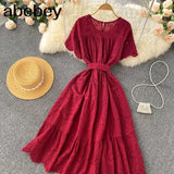 Pink/White/Green French Hollow Ruffles Dress Women O Neck Lace up Solid A-line Dresses Summer Elegant Streetwear Midi