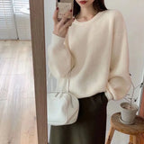 Version Qiu Dong New Style Languid Lazy Wind Pure Color Pullover Sweater Female Bottom Unlined Upper Garment Loose Round Collar Restore Ancient Ways Sweater Female-Outfit