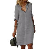 Ms.'S New Solid-Color Casual Casual Collar Single-D Row Buckle Sleeve Cotton Shirt Mid-Long Dress