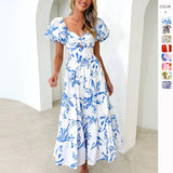 Spring Summer New Temperament Printing Bubble Sleeve High-End Dress