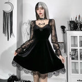Dark Dress Lace Stitching Shows Chest Long-Sleeved Lotus Leaf Edge Waist Shows Thin Casual Dress-Outfit