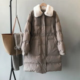 Faux rabbit fur collar women's winter down jacket long drawstring slim zipper ladies chic coat loose oversize outwear