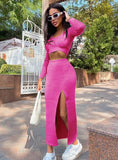 Spring Pure Color Long-Sleeved Fashion Sexy Split Long Skirt Two-piece