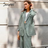 Simplee Elegant plaid two-pieces women blazer suit Casual streetwear suits female blazer set Chic office ladies women coat
