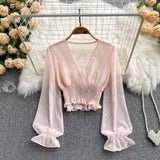 Autumn Fashion Korean Women Blouse Long Sleeve V Neck Elastic Ruched Slim Tops Elegant Streetwear Short