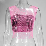 Toloer Nightclub Dresses Fishnet Hollow Out Rhinestone Vest Mesh Flash Diamond Sling Top