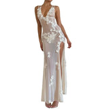 Long Dresses for Women Summer White See Through V Neck Sleeveless Slit Party Dresses with Flower Decor Beach Club