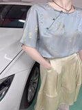 Chinese Style Disc Button Retro Women's Dress Imitation Silk Short-Sleeved T-Shirt Summer Imitation Mulberry Silk Shirt-Outfit