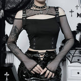 Summer New Women's Wear Dark Style Fashion Hot Girl Sexy Practice Punk Shoulder Long-Sleeved Top Woman-Outfit