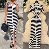 Chic Vintage Collar Single Buckle Began Striped Knitted Dress Female Thin