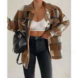 Plaid Print Coat Women Winter Long Sleeve Turndowm Collar Single Breasted Pocket Slim Woolen Blazer Casual Loose Warm Jacket