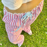 Vacation Lazy Wind Color Striped Dopamine Casual Pants Lace Lace Stitching Waist Straight Trousers-Outfit