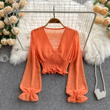 Autumn Fashion Korean Women Blouse Long Sleeve V Neck Elastic Ruched Slim Tops Elegant Streetwear Short