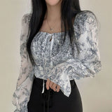Vintage Square Neck Puff Sleeve Floral Blouse-Outfit