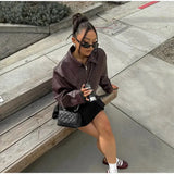 Burgundy Pu Leather Zipper Biker Jacket-Outfit