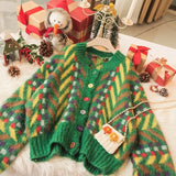 2021 Autumn High Quality Fashion Geometric Oversized Cardigan Long Sleeve Single Breasted Button Green Knitted